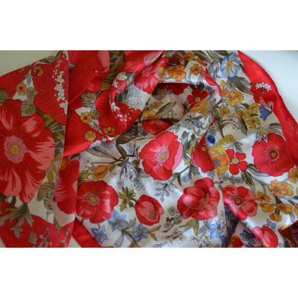 Vintage Silk Red Poppy Floral Scarf 42" Square - Picture 1 of 5